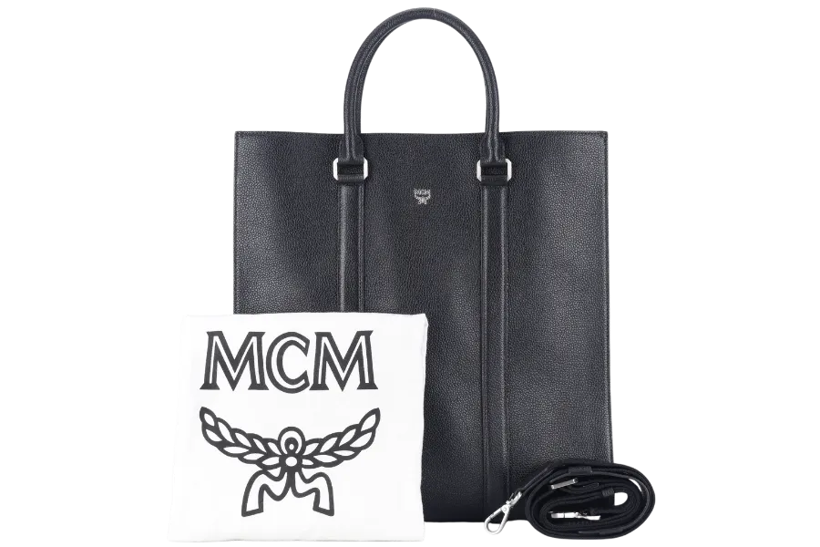 MCM DOCUMENT SAC 2 WAY BAG(G8434) BLACK CALF LEATHER SILVER HARDWARE WITH LONG STRAPS AND DUST COVER