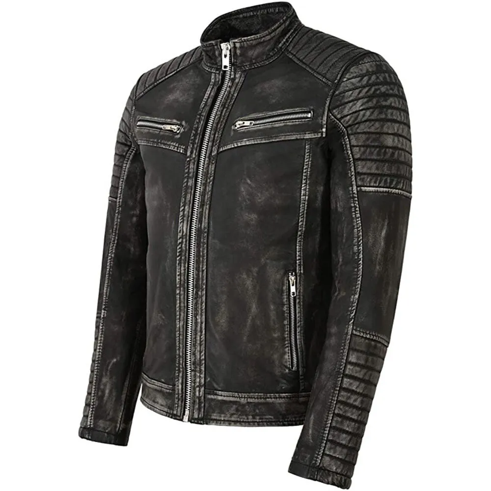 Mens Cafe Racer Distressed Black Biker Leather Jacket