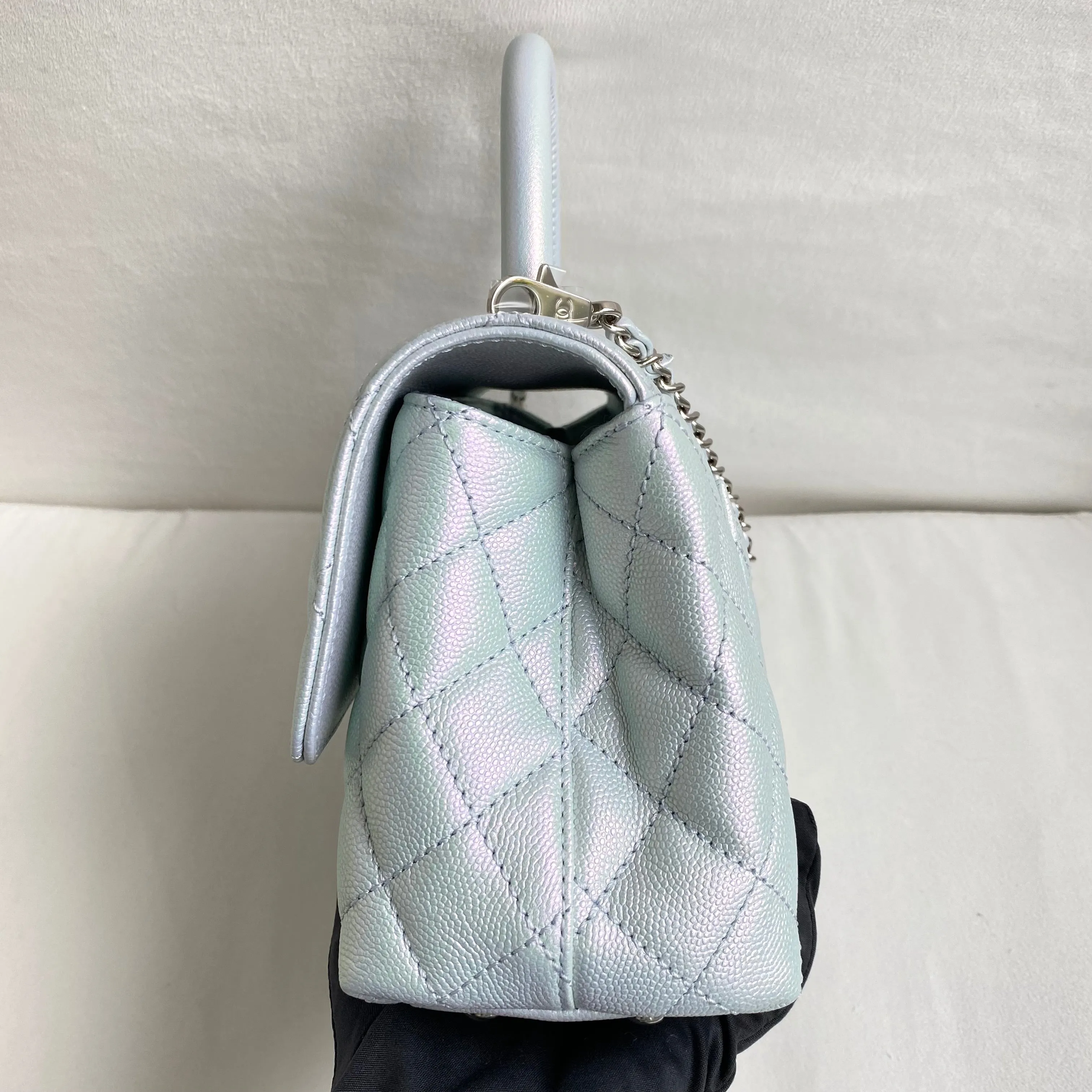 Mini Coco Handle Flap Bag in 21K Iridescent Icy Blue Caviar
