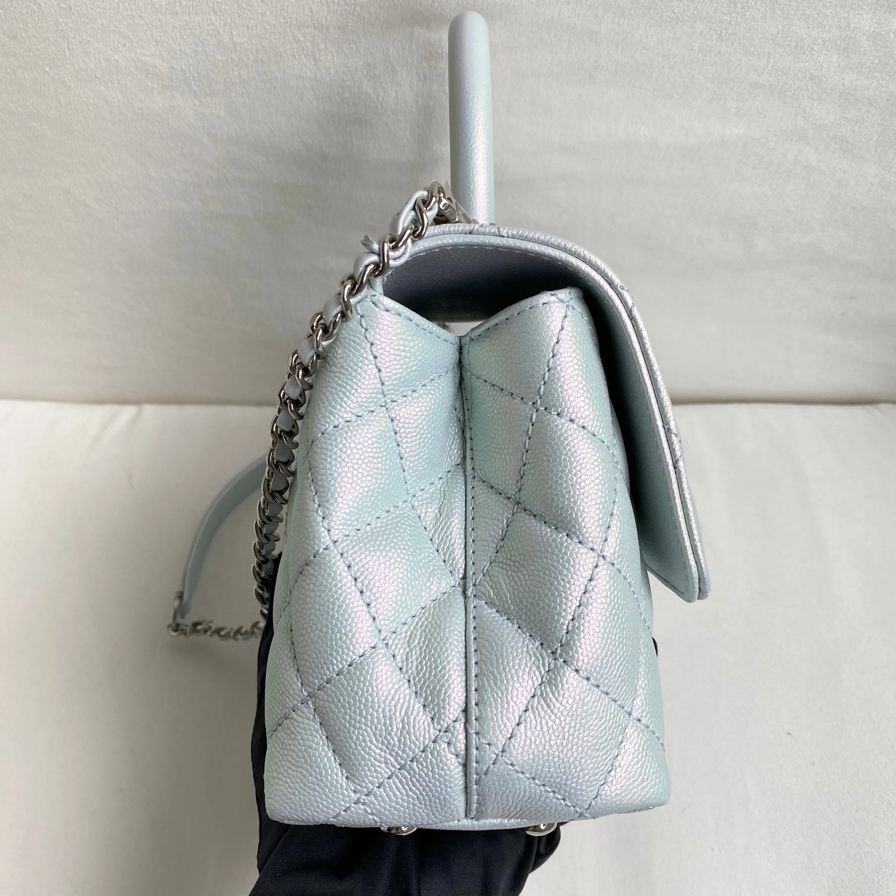 Mini Coco Handle Flap Bag in 21K Iridescent Icy Blue Caviar