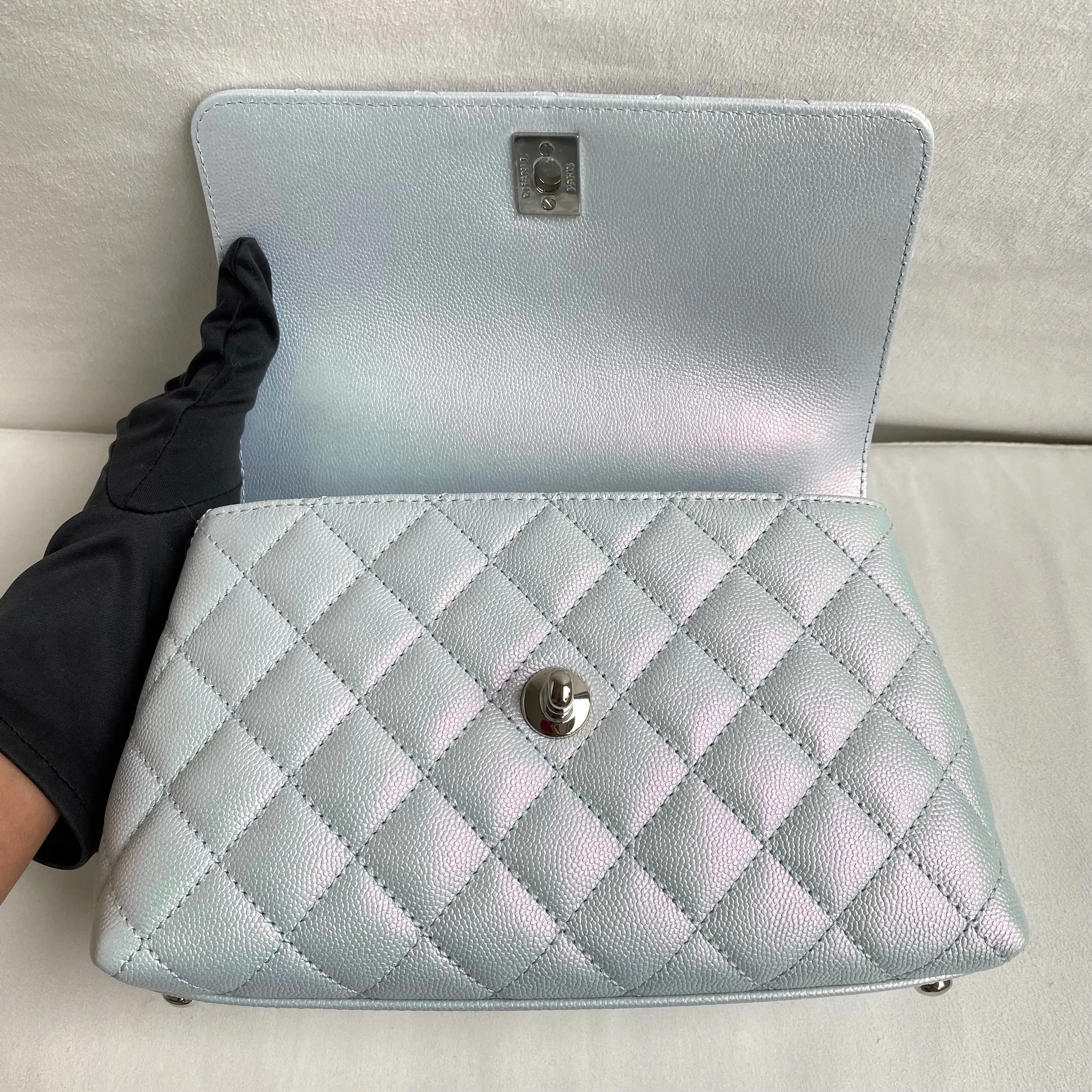 Mini Coco Handle Flap Bag in 21K Iridescent Icy Blue Caviar
