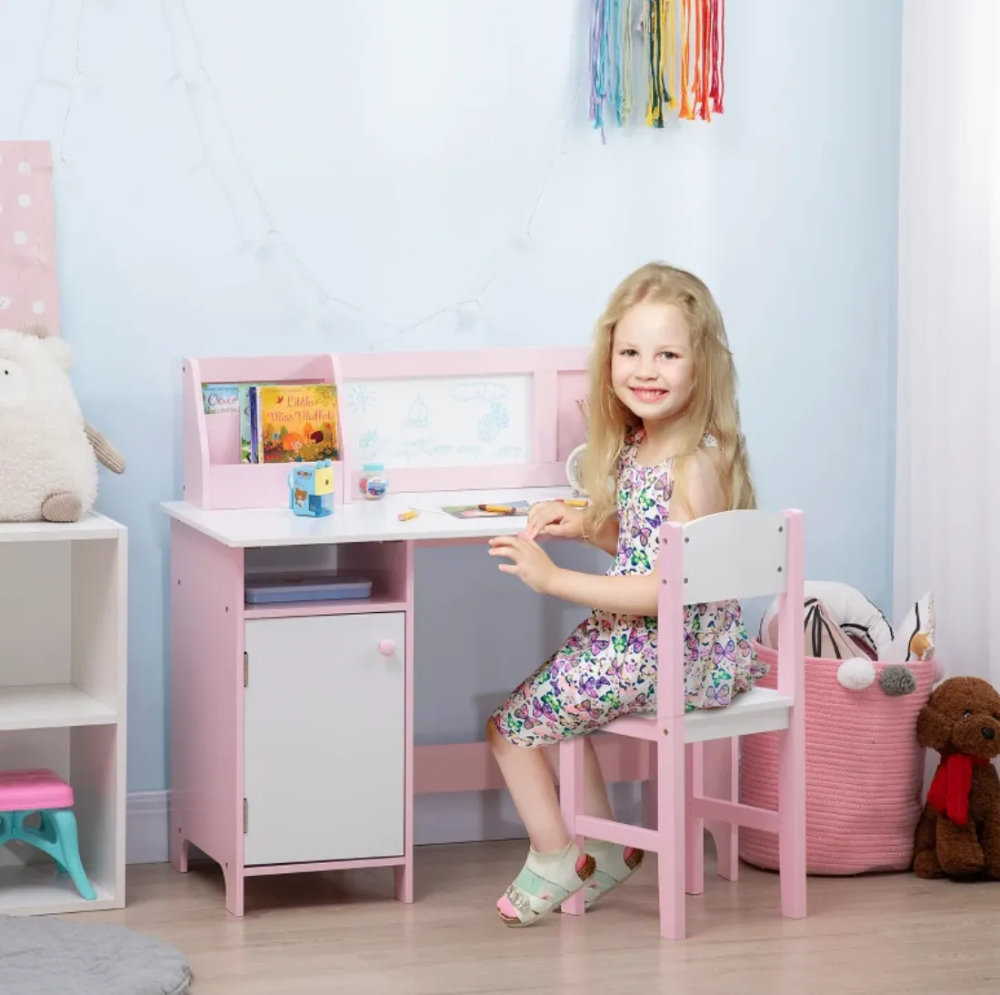 Montessori Children's Homework Desk | Bookshelf | Storage & Chair | Pink & White | 3-8 Years