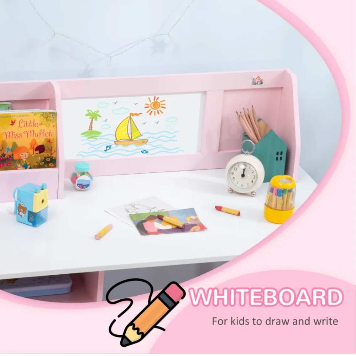 Montessori Children's Homework Desk | Bookshelf | Storage & Chair | Pink & White | 3-8 Years