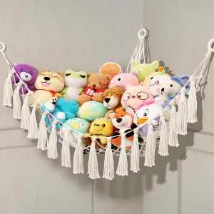 NEW Beaded Macrame Triangle Animal Net Hammock, Large Toy Storage Hanging Organizer for Stuffed Animals Kids Bedroom, Playroom, Nursery Room, Corner Plush Toys Net Holder, Beige