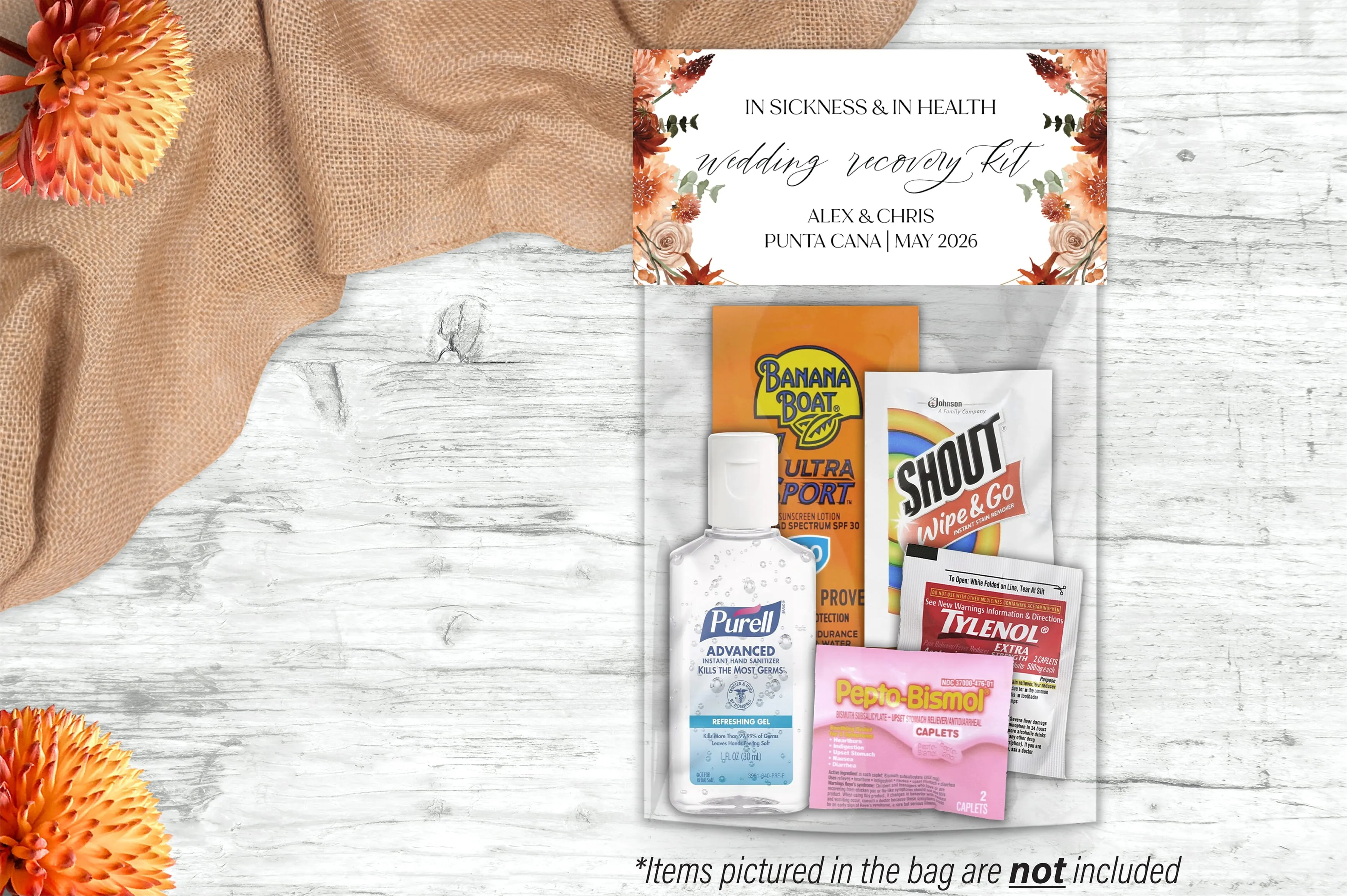 Personalized Wedding Hangover Recovery Kit Bag & Topper - Boho Burnt Orange
