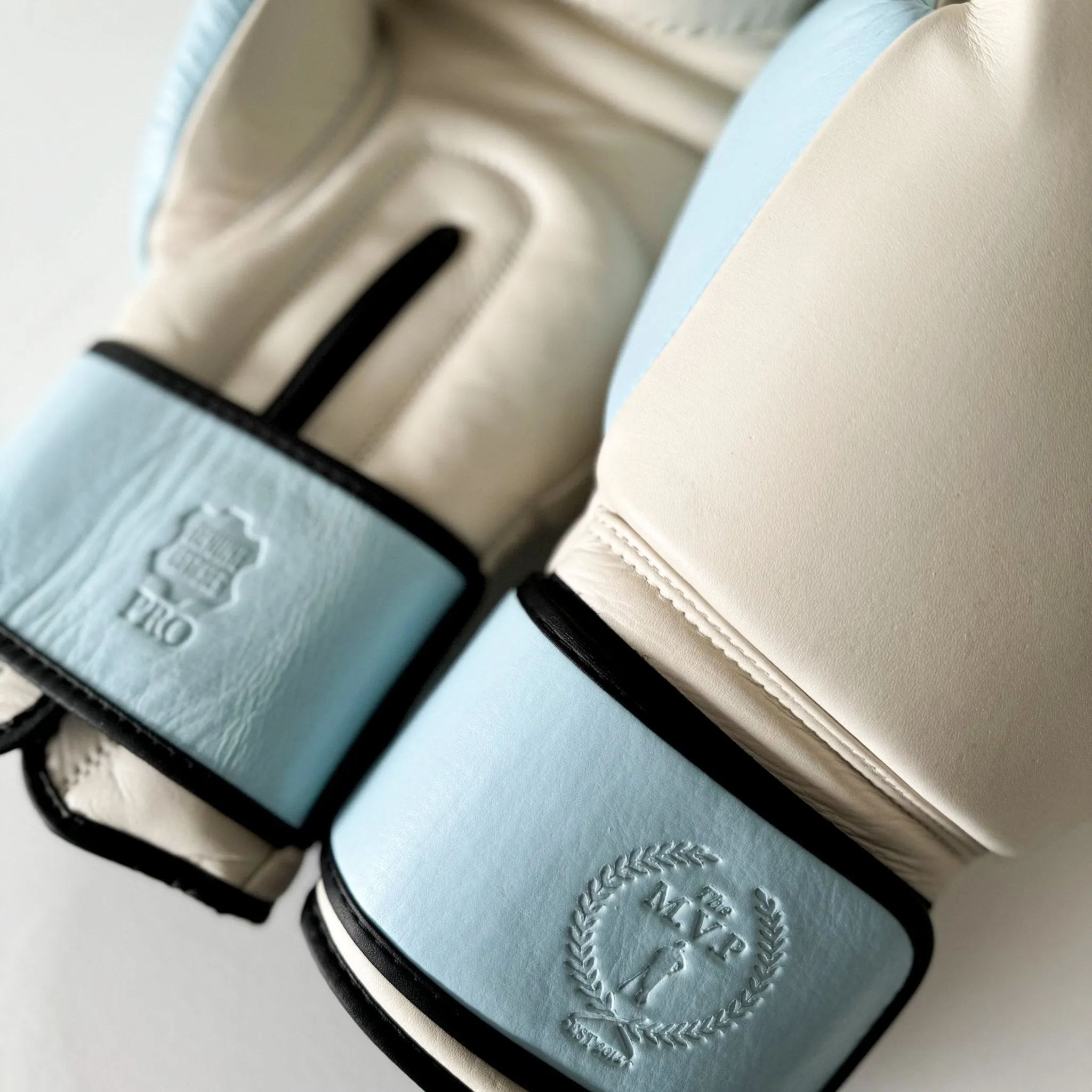 PRO Cream / Baby Blue Leather Boxing Gloves (Strap Up)