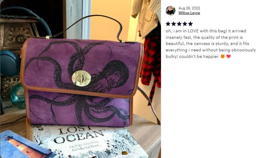 Purple Octopus Purse, Cross Body Purse, Vegan, Gothic Canvas Satchel bag
