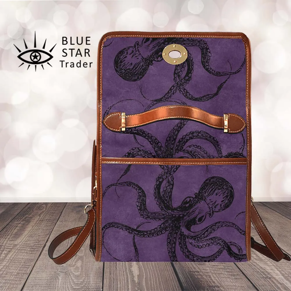 Purple Octopus Purse, Cross Body Purse, Vegan, Gothic Canvas Satchel bag