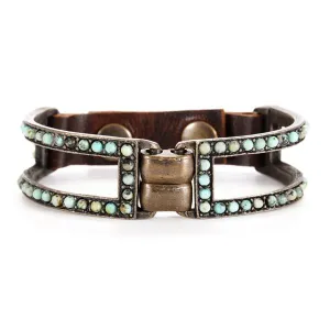 Rebel Antique Brass, Italian Vintage Genuine Leather and African Turquoise Double Sided Two Bar Bracelet