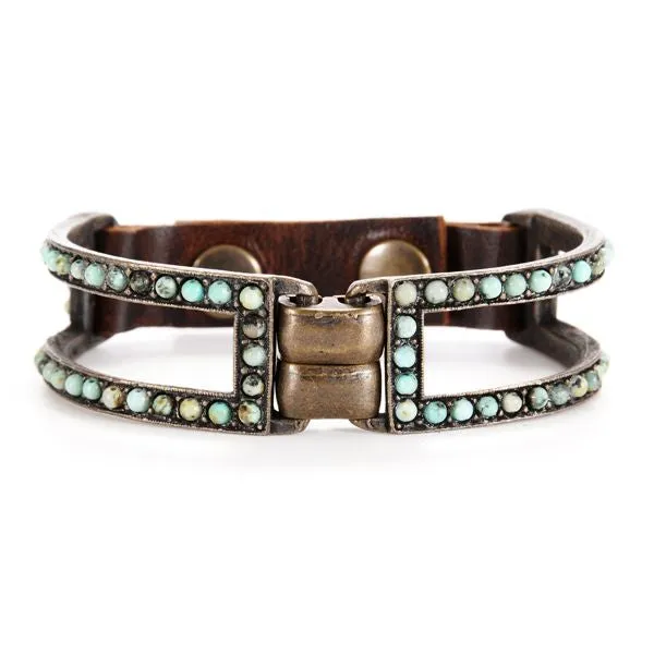 Rebel Antique Brass, Italian Vintage Genuine Leather and African Turquoise Double Sided Two Bar Bracelet