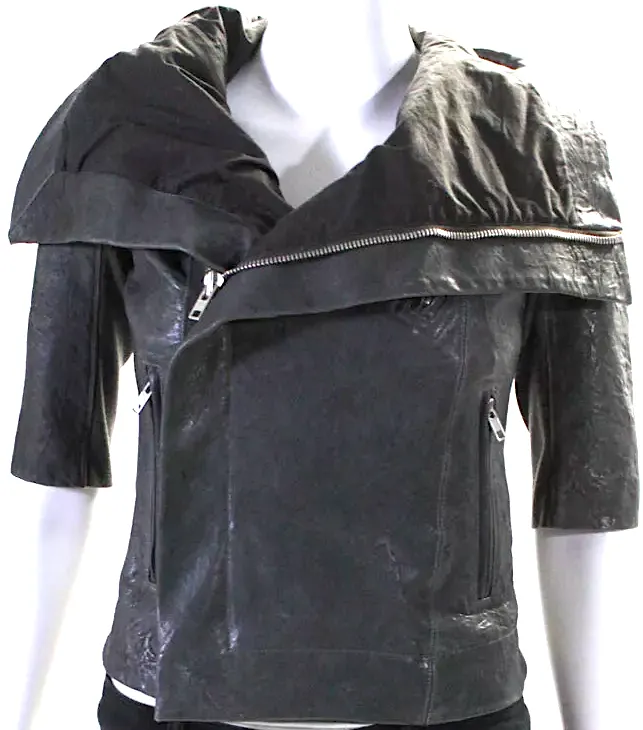 Rick Owens Paris. Gray Distressed Leather 3/4 Sleeve Ribbed Trim Open Front Jacket