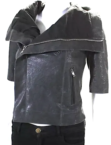 Rick Owens Paris. Gray Distressed Leather 3/4 Sleeve Ribbed Trim Open Front Jacket