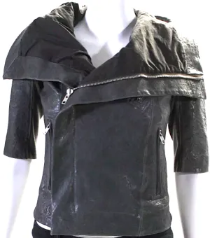 Rick Owens Paris. Gray Distressed Leather 3/4 Sleeve Ribbed Trim Open Front Jacket