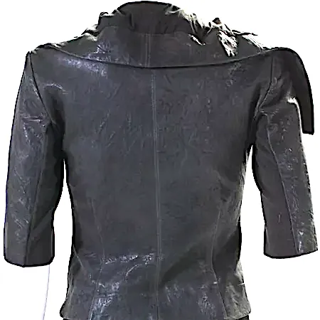 Rick Owens Paris. Gray Distressed Leather 3/4 Sleeve Ribbed Trim Open Front Jacket