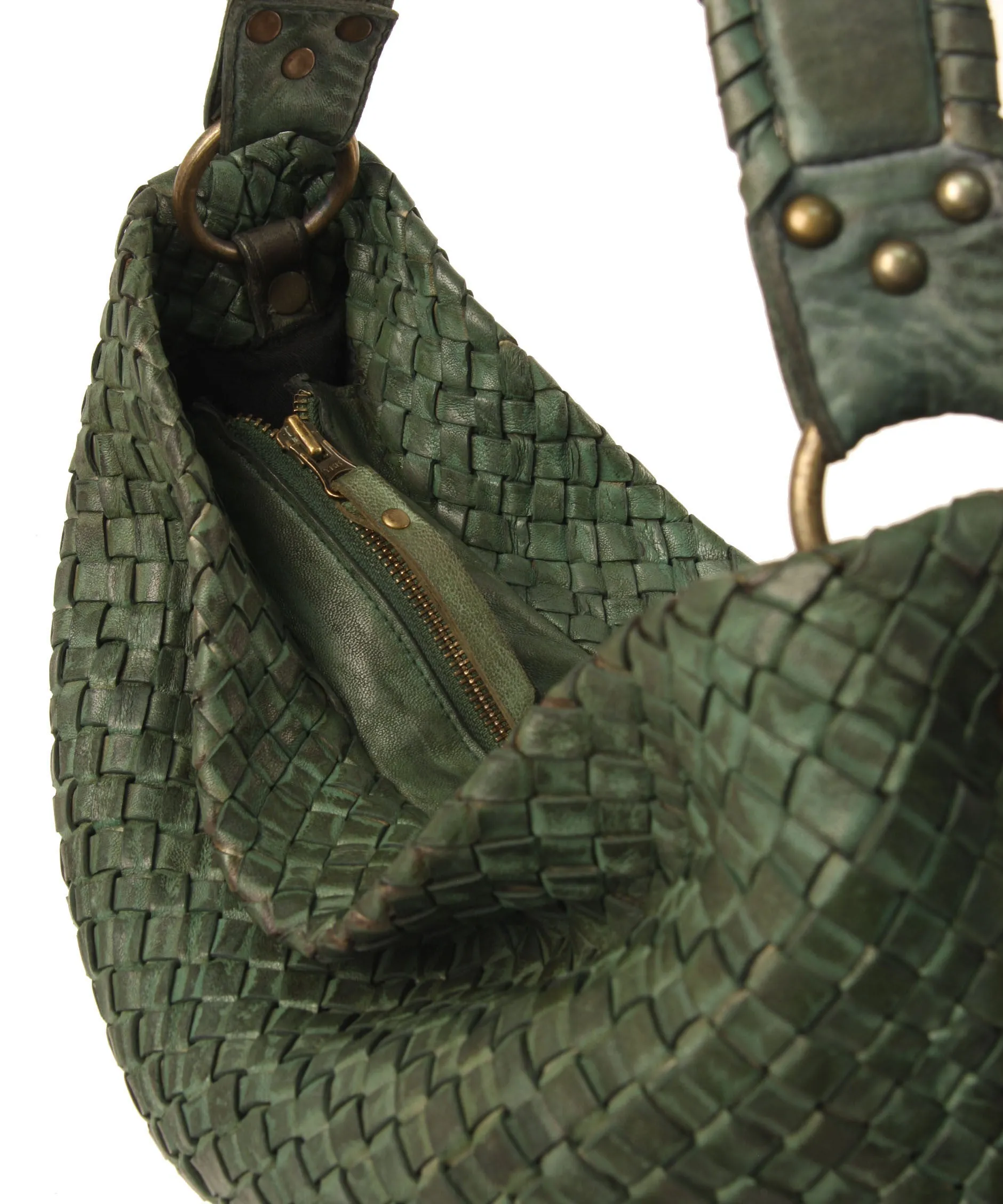 Rounded Woven Leather Hobo with Whipstitch Handle