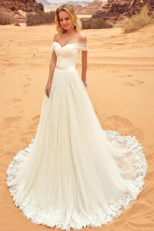 Roycebridal Fabulous White A-line Off Shoulder Tulle Wedding Dresses with Sweep Brush Train, MW235