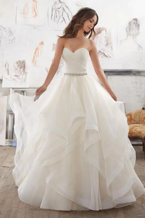Roycebridal Illusion A Line Sweetheart Strapless Ruffles Beaded Belt Wedding Dresses, MW167