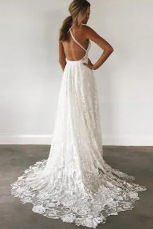 Roycebridal Ivory Lace Open Back Spaghetti Strap Side Split Beach Wedding Dresses, MW169
