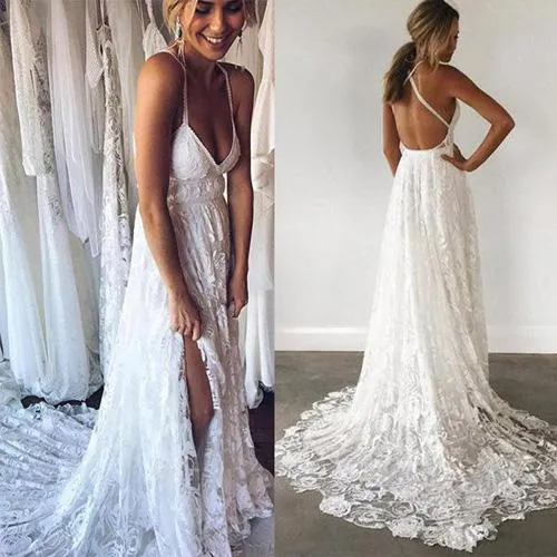 Roycebridal Ivory Lace Open Back Spaghetti Strap Side Split Beach Wedding Dresses, MW169