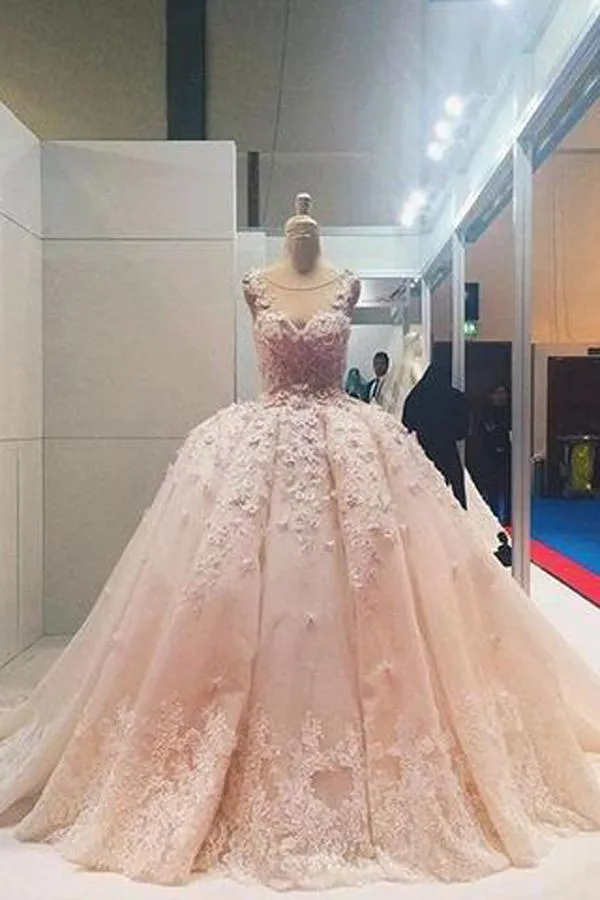 Roycebridal Pink Lace Beaded Ball Gown Applique Wedding Dresses Quinceanera Dress, MW204