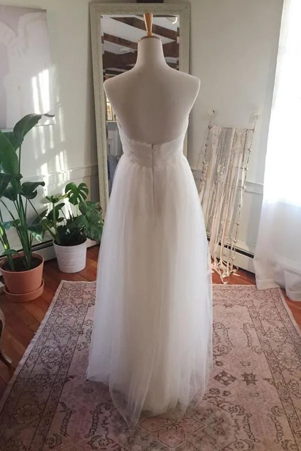Roycebridal Simple Tulle Floor Length Open Back Sweetheart Strapless Wedding Dresses, MW217