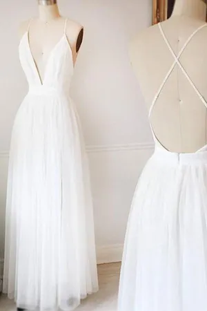 Roycebridal Simple White A-line Tulle V Neck Wedding Dresses, Long Prom Dresses, MW218