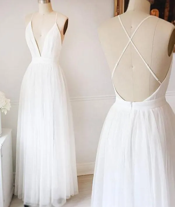 Roycebridal Simple White A-line Tulle V Neck Wedding Dresses, Long Prom Dresses, MW218