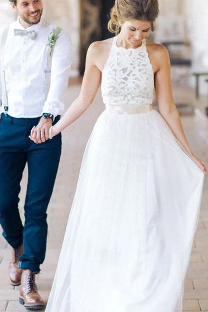 Roycebridal Simple White Halter Lace Long Sheath Beach Wedding Dresses Bridal Dresses, MW241