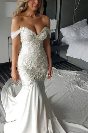 Roycebridal Sweetheart Off Shoulder Mermaid Long Wedding Dress with Sweep Train, MW119