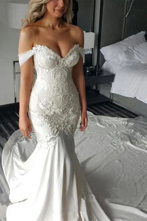 Roycebridal Sweetheart Off Shoulder Mermaid Long Wedding Dress with Sweep Train, MW119