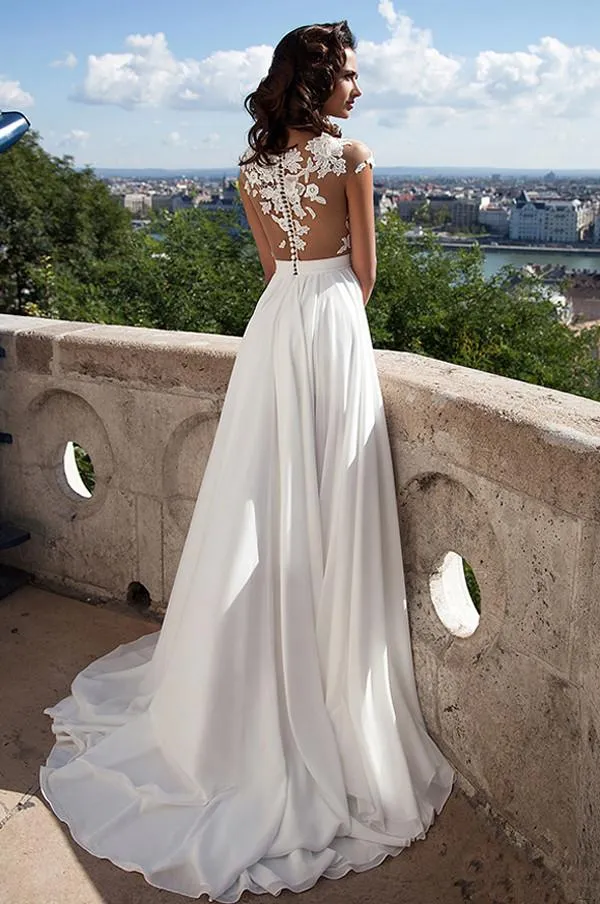 Roycebridal White Lace A-Line Front Split Wedding Dresses With Appliques, Bridal Dress, MW191