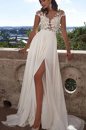 Roycebridal White Lace A-Line Front Split Wedding Dresses With Appliques, Bridal Dress, MW191