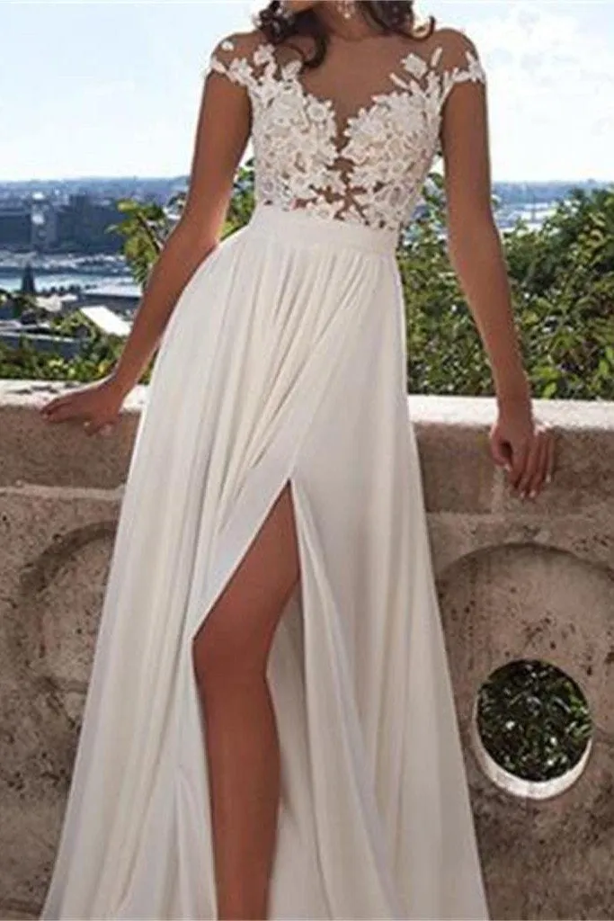 Roycebridal White Lace A-Line Front Split Wedding Dresses With Appliques, Bridal Dress, MW191