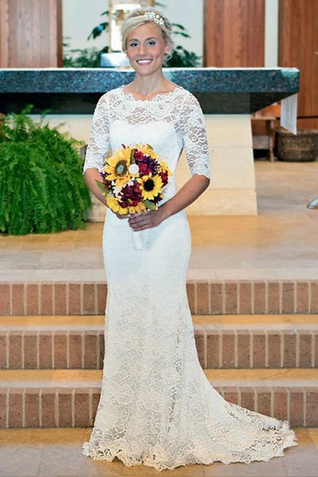 Roycebridal White Lace Open Back Long Sleeve Mermaid Long Wedding Dresses, MW187