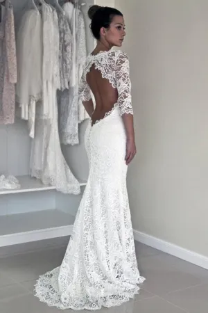 Roycebridal White Lace Open Back Long Sleeve Mermaid Long Wedding Dresses, MW187