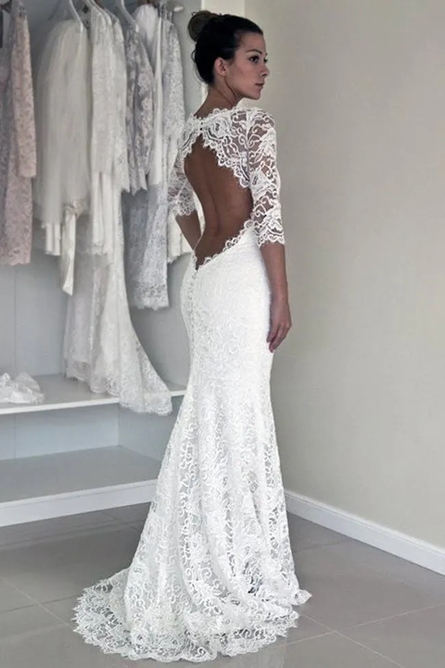 Roycebridal White Lace Open Back Long Sleeve Mermaid Long Wedding Dresses, MW187