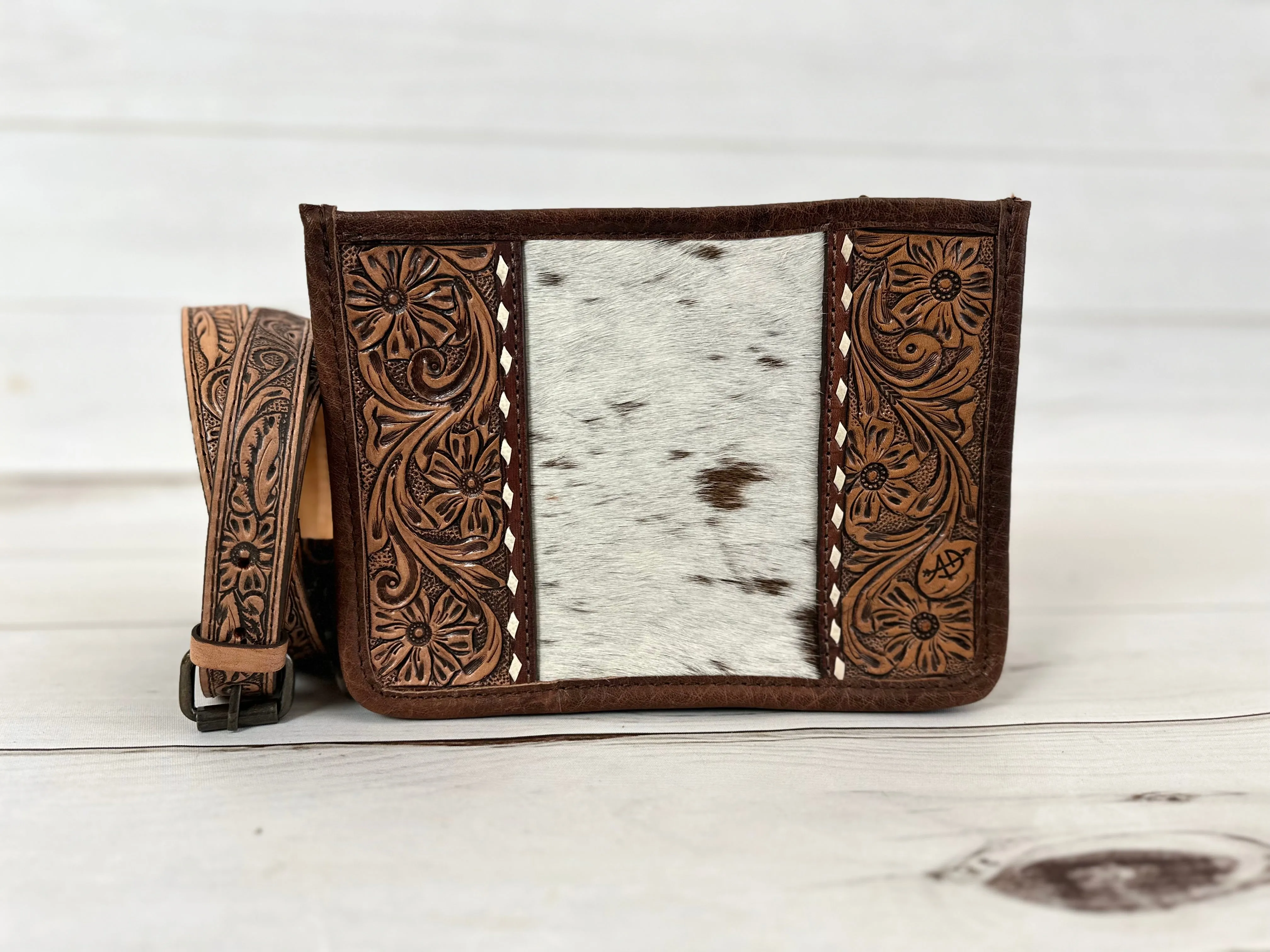 Small Prescott Cowhide and Tooled Leather Handbag