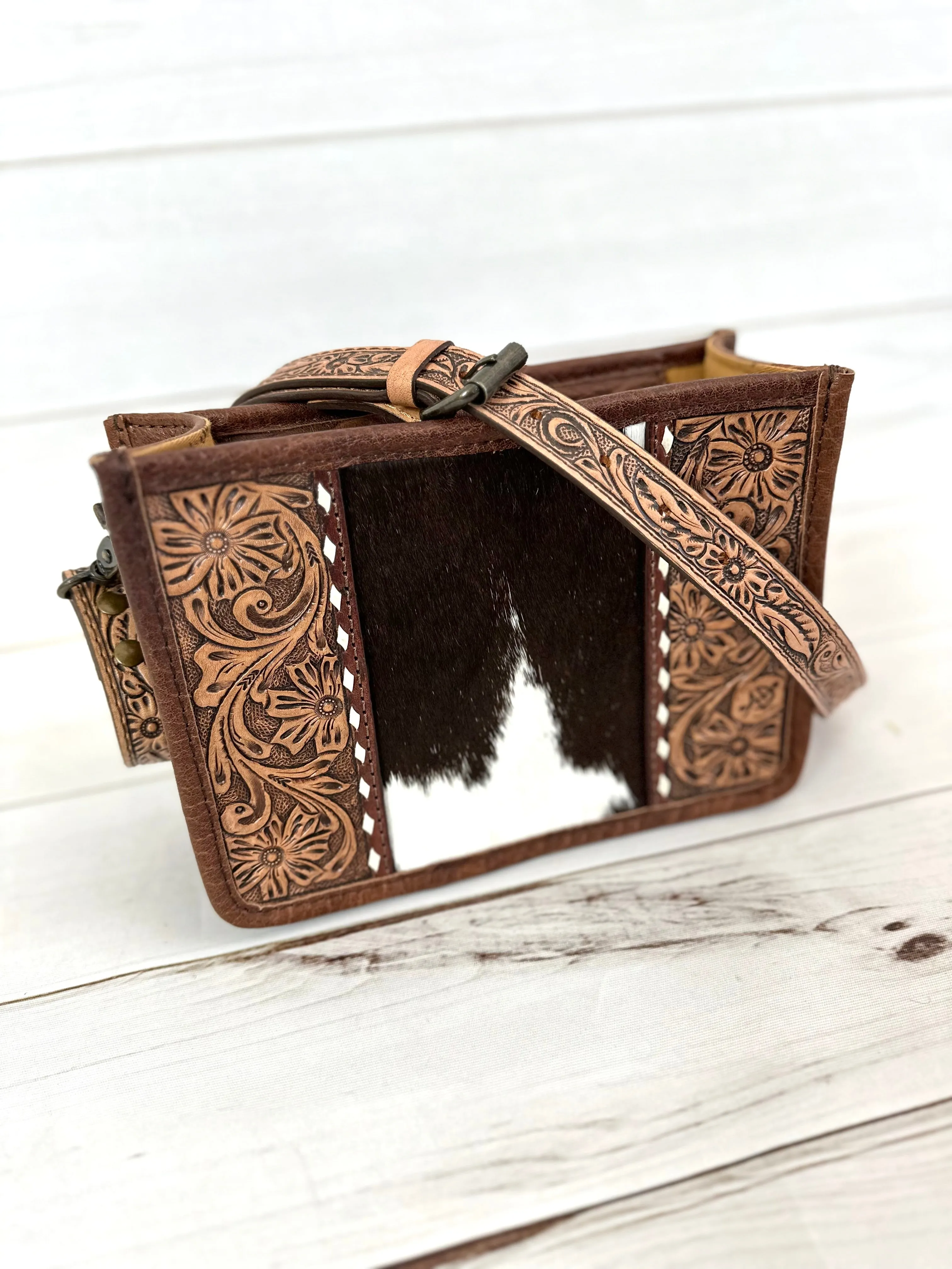 Small Prescott Cowhide and Tooled Leather Handbag