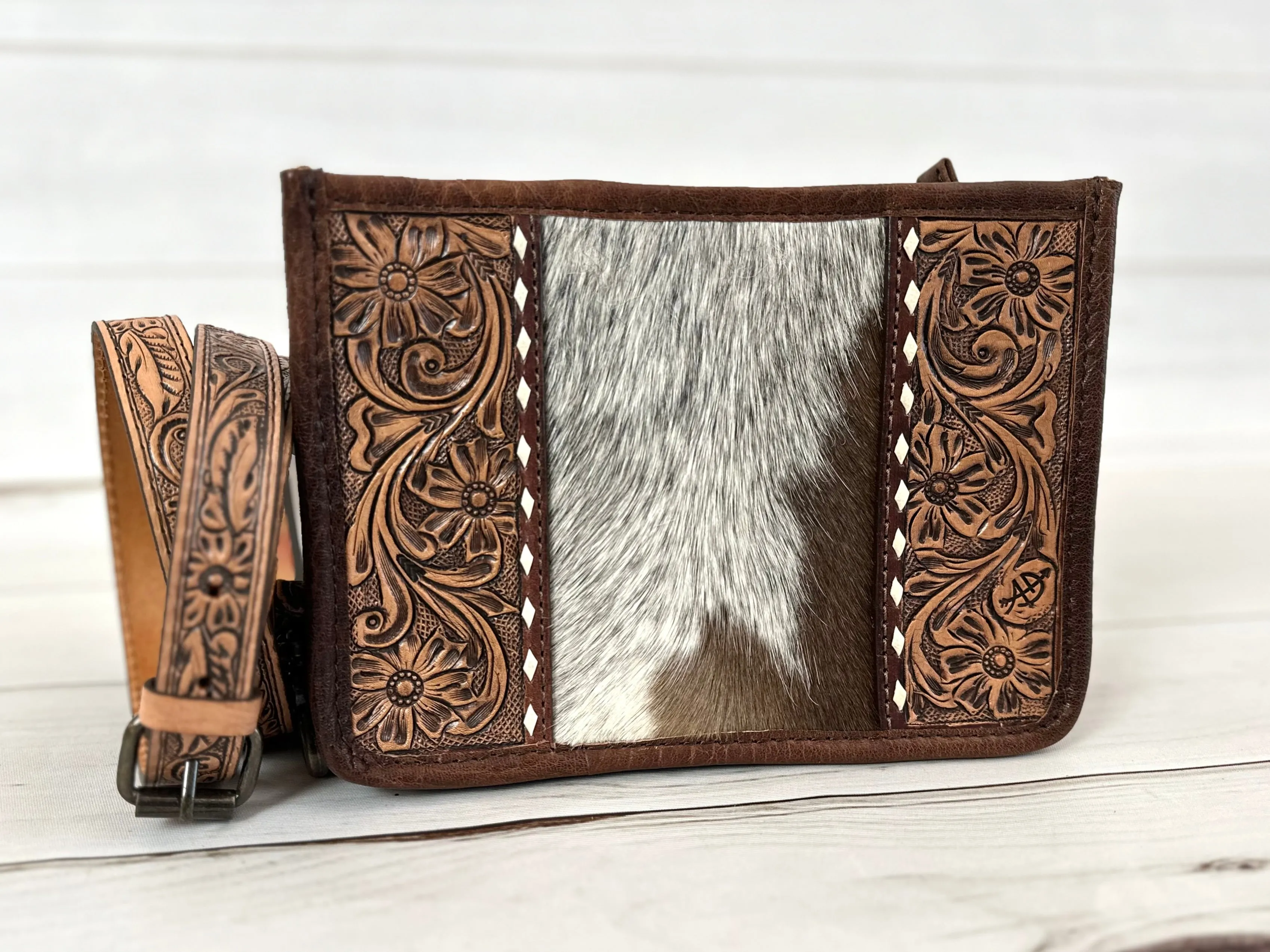 Small Prescott Cowhide and Tooled Leather Handbag