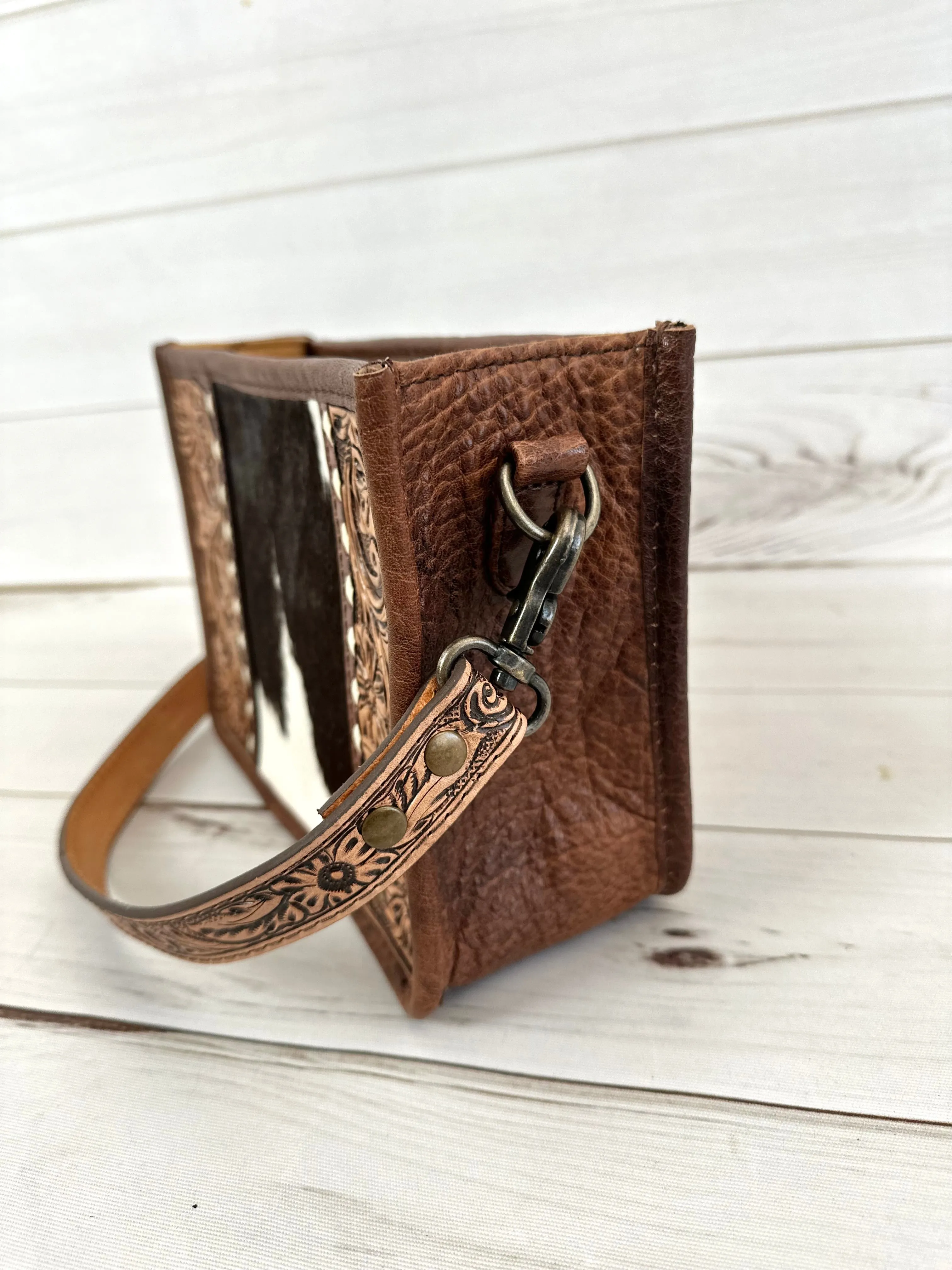 Small Prescott Cowhide and Tooled Leather Handbag