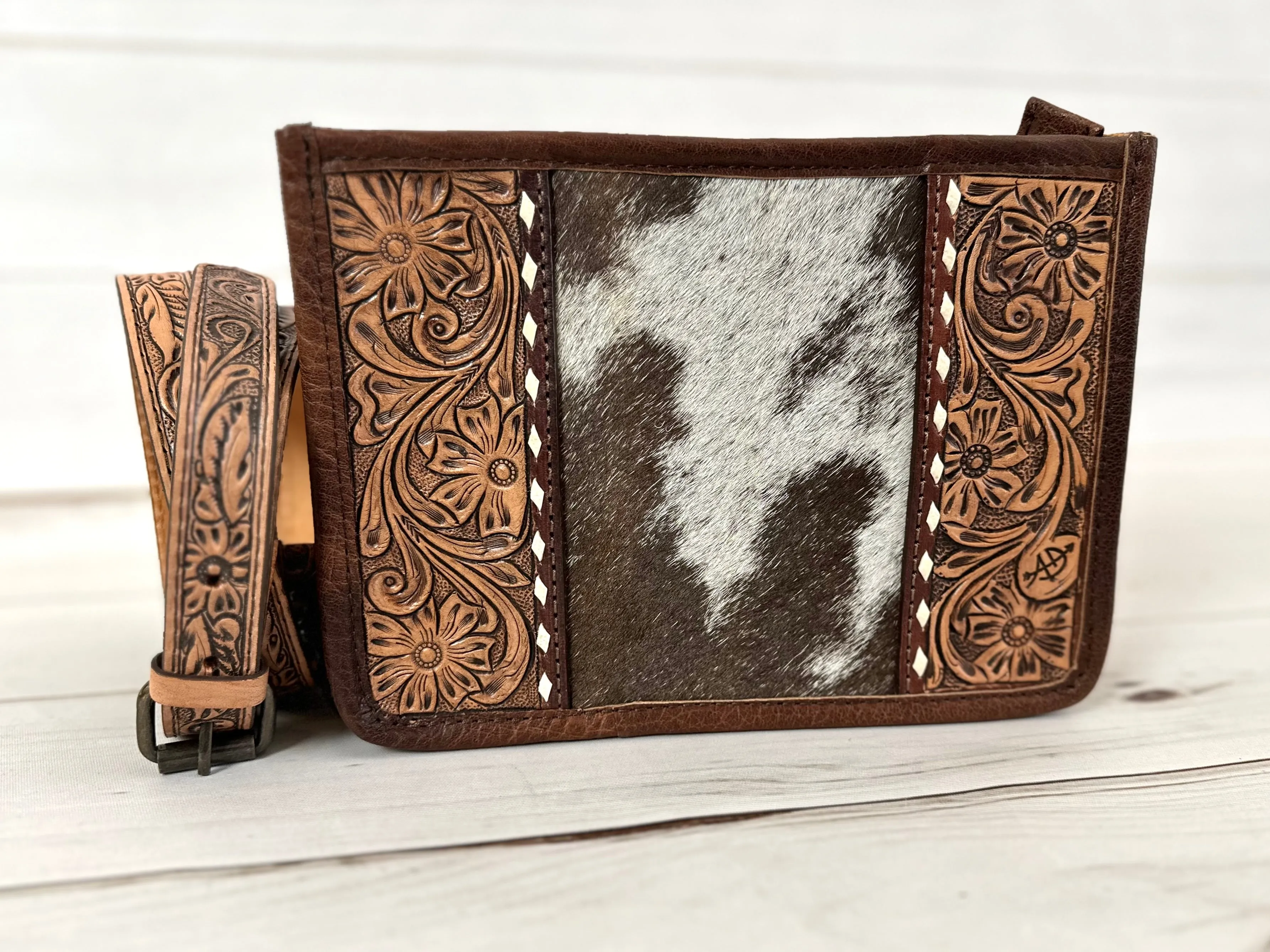 Small Prescott Cowhide and Tooled Leather Handbag