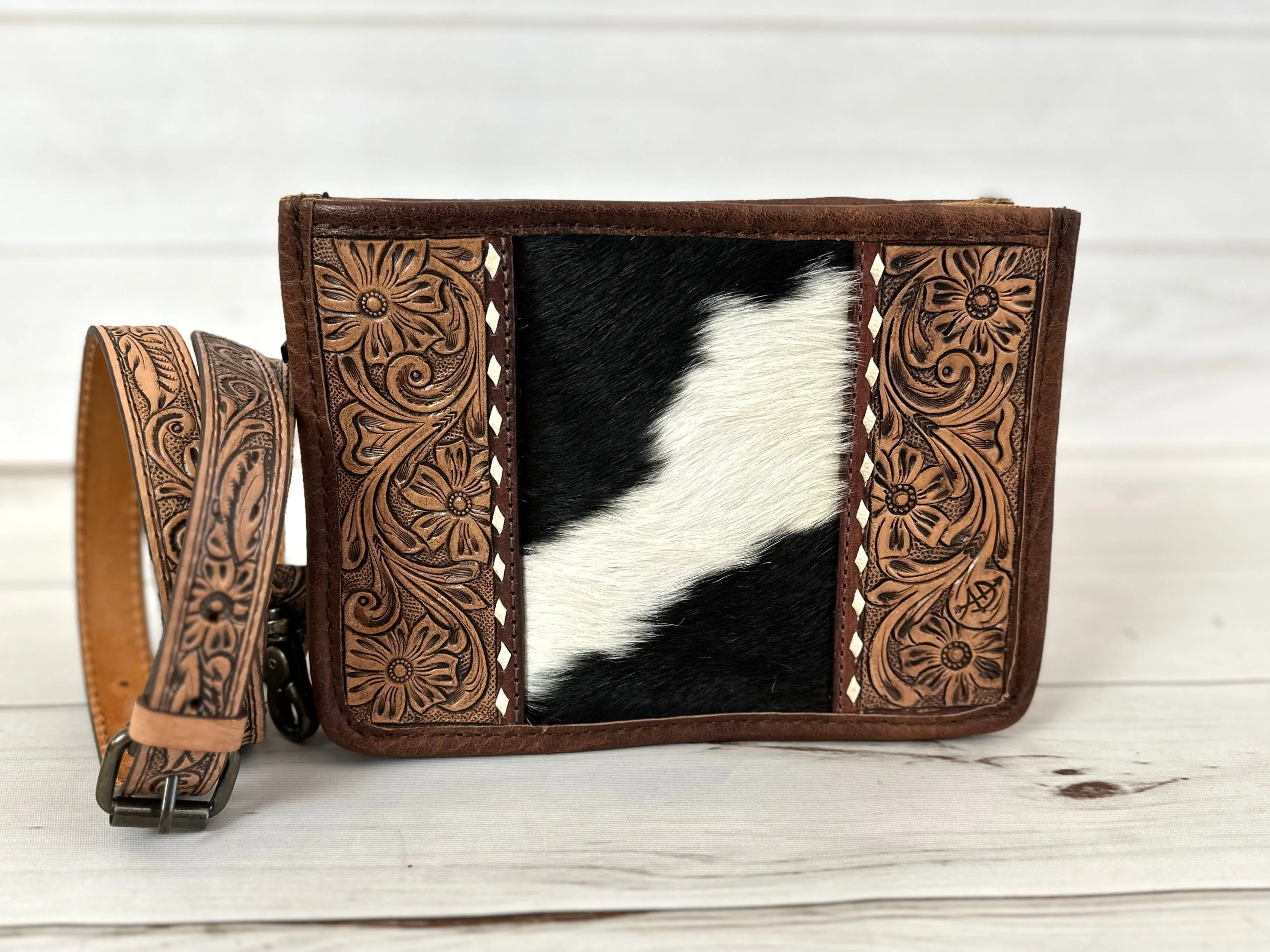 Small Prescott Cowhide and Tooled Leather Handbag