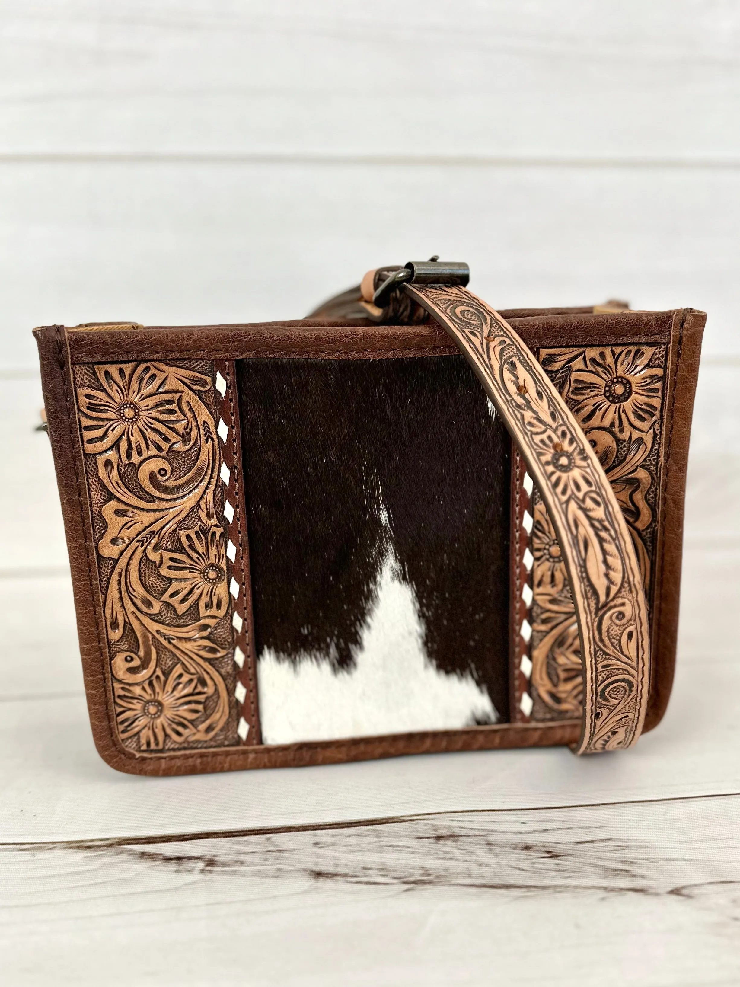 Small Prescott Cowhide and Tooled Leather Handbag