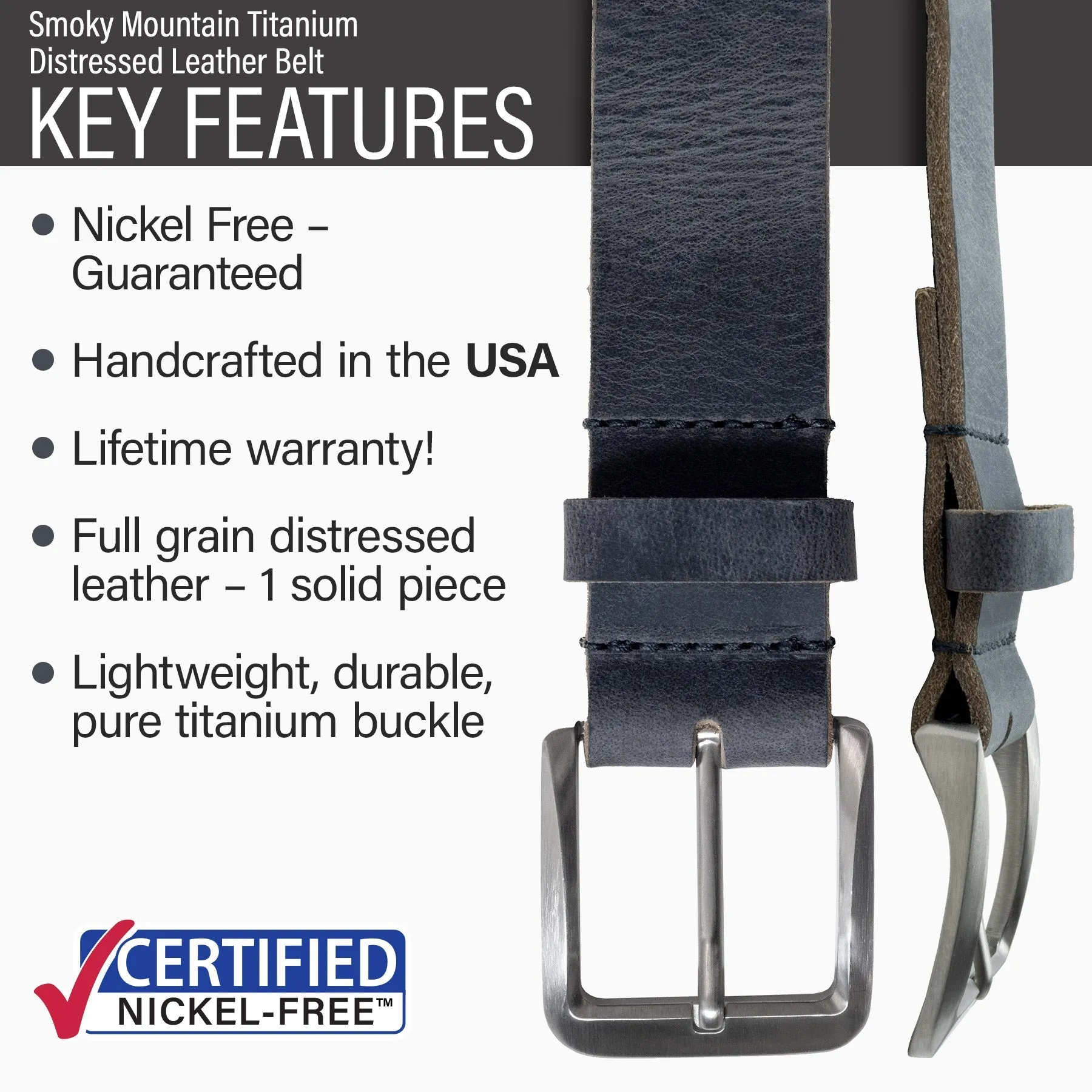 Smoky Mountain Titanium Distressed Gray Leather Belt by Nickel Smart®