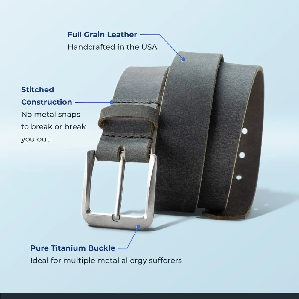 Smoky Mountain Titanium Distressed Gray Leather Belt by Nickel Smart®