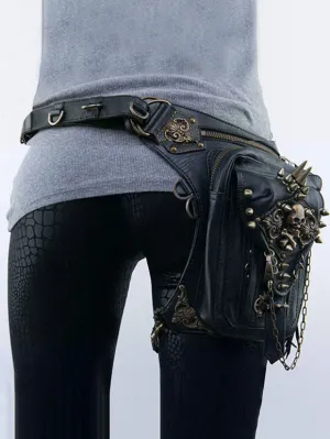 Steampunk Lolita Handbag Black PU Leather Rivets Skeleton Waist Pack Gothic Lolita Accessories