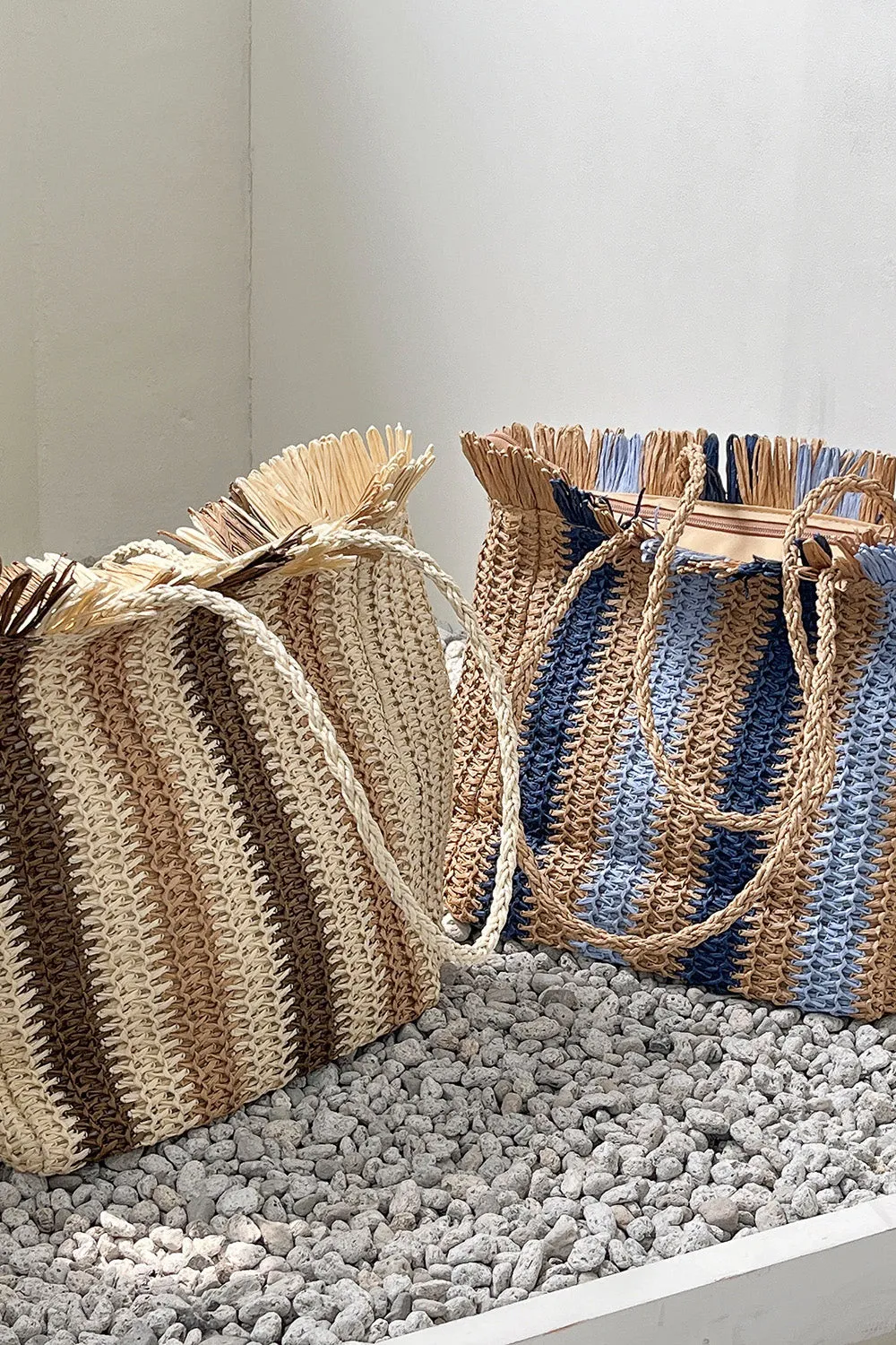Striped Raffia Shopper Bag