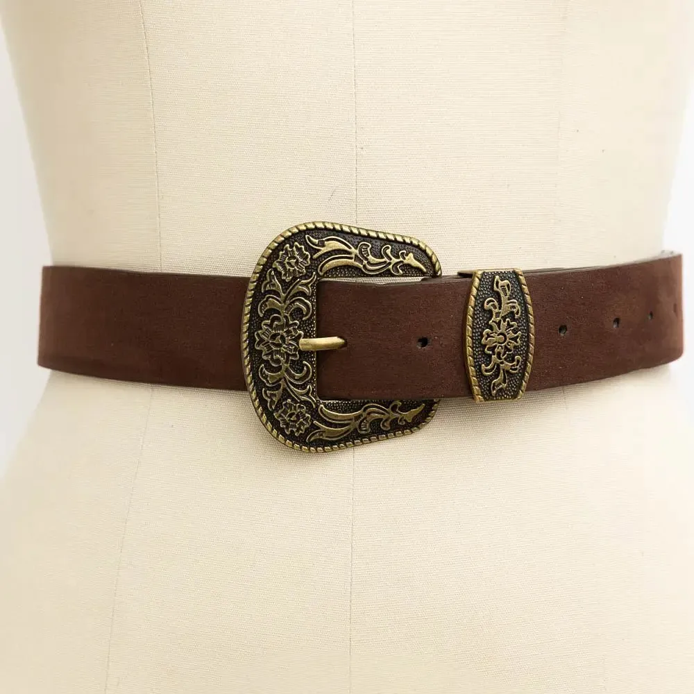 Suede Antique Gold Western Buckle Belt