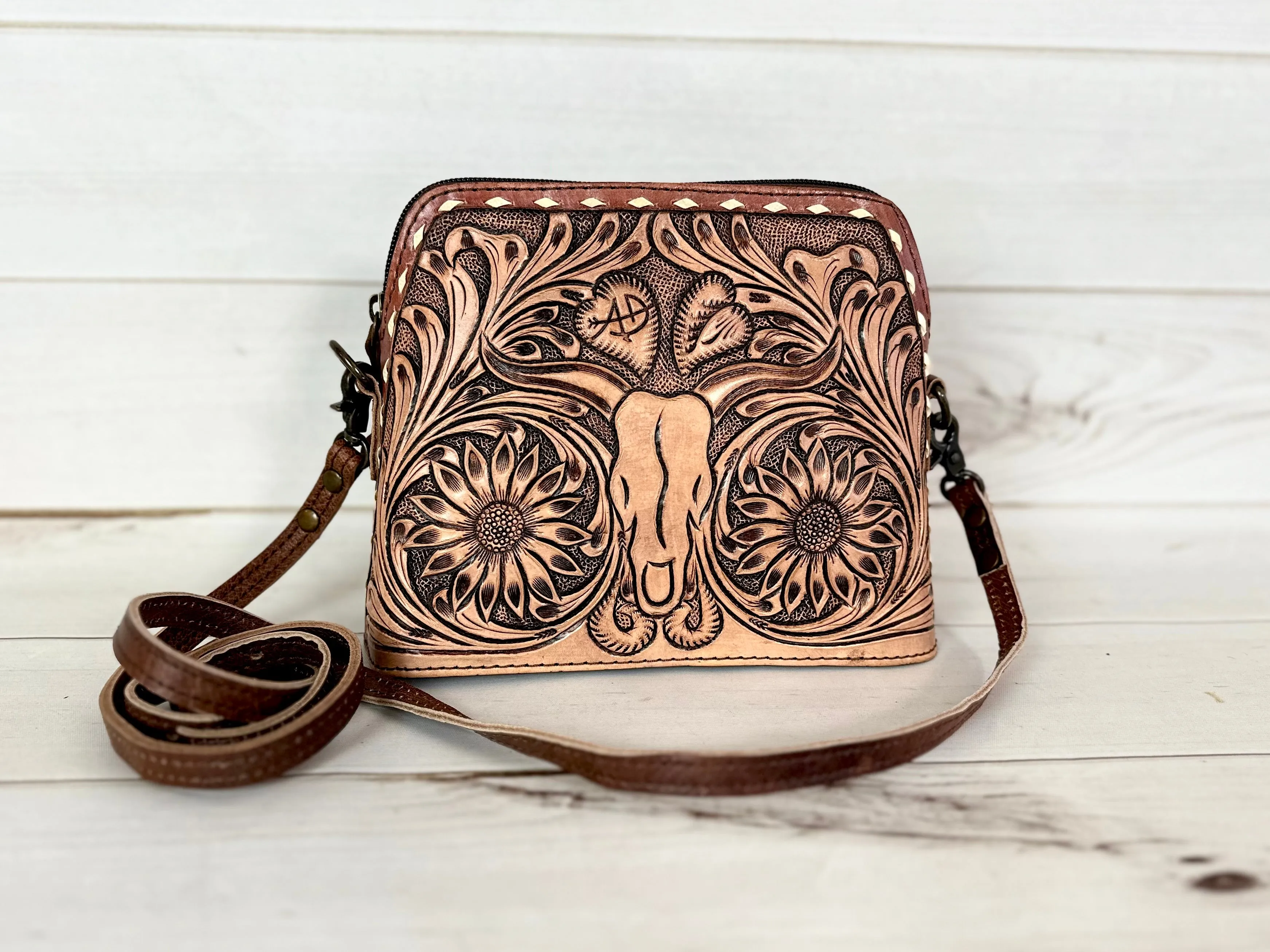 Sunflower Bull Head Leather Tooled and Buckstitch Handbag