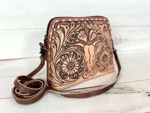 Sunflower Bull Head Leather Tooled and Buckstitch Handbag